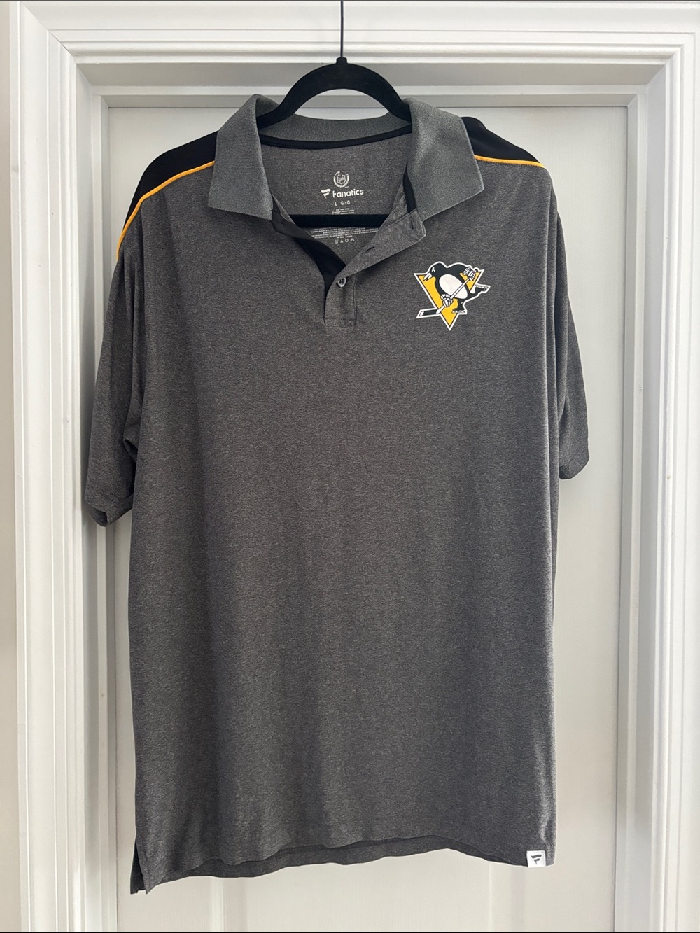 Fanatics Men's Pittsburgh Penguins Gray and Black Polo with Yellow Trim